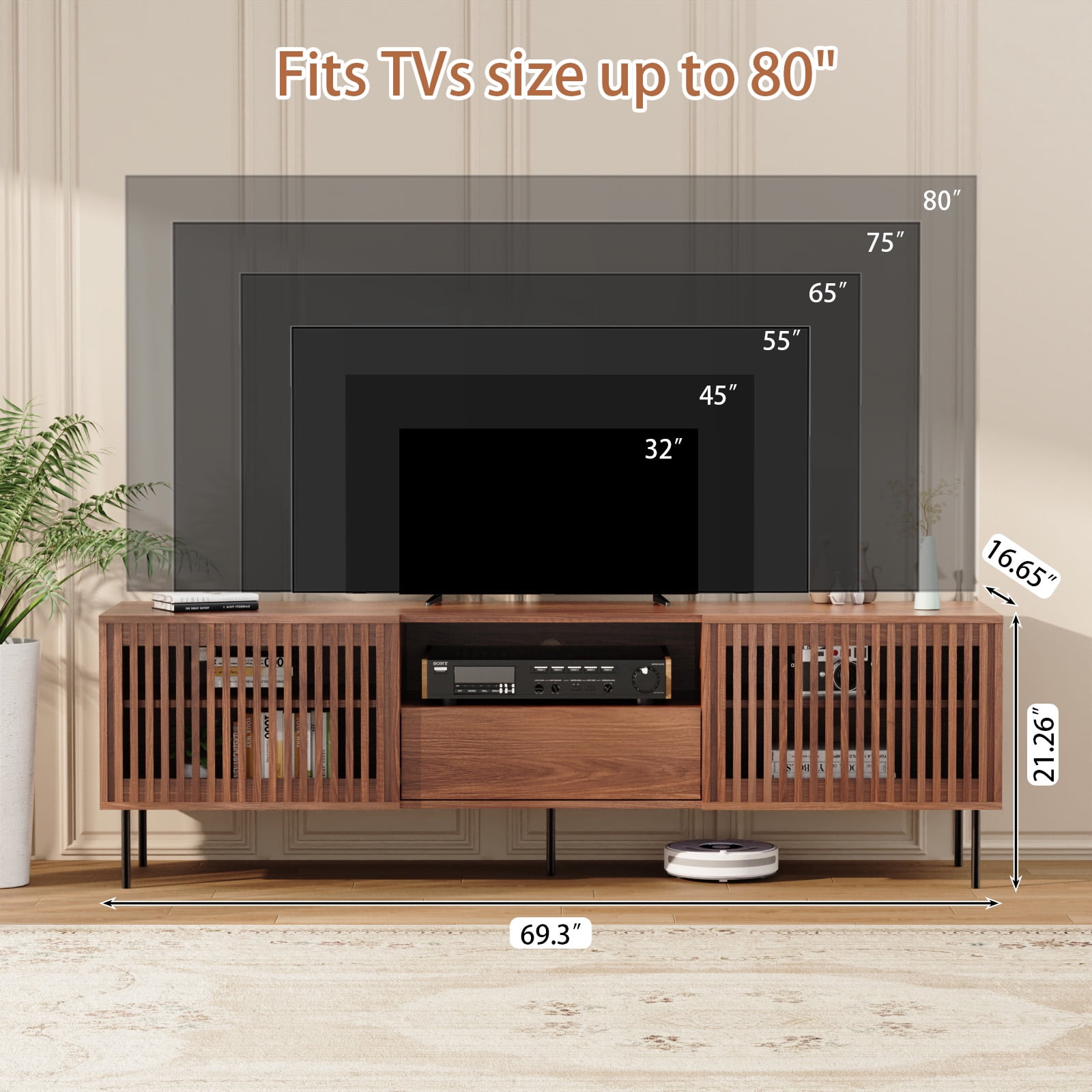 Hommpa TV Stand for 55/65/75/80 inch TV with 2 Slatted Doors and Drawer, Mid Century Modern TV Console for Living Room Bedroom, Storage Cabinets Entertainment Center for Gaming Media Console,Walnut