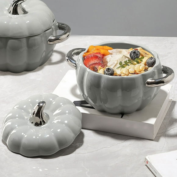 Utensilios de cocina, accesorios de cocina, utensilios de cocina, tazón de sopa de cerámica de 1800 ml con tapa, tazón de sopa con forma de calabaza para uso doméstico, tazón grande para fideos con do