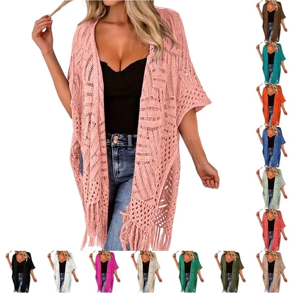 NordicNest Women's Open Front Knit Cover Up – Lightweight Beach Cover Ups for Women, Tassel Fringe Swimwear Sarong