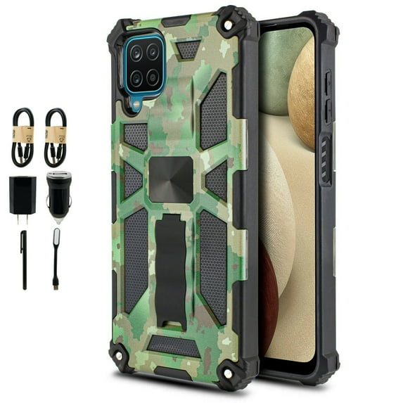 Value Pack + for Samsung Galaxy A12 5G with Tempered Case Hybrid Phone Case Magnet Mount Ready Grip Grids Kickstand Slim Shock Bumper Cover