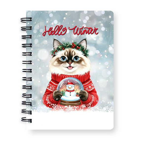 Hello Welcome Winter Ragdoll Holding Snow Globe Snowman Spiral Bound Journal Cat Lover Kitten Owner Gifts Idea 5x7in Spiral Notebook - 13015