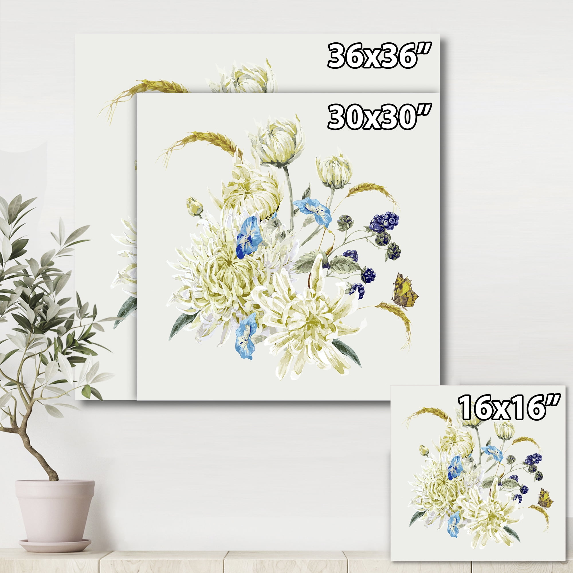 Designart ' Ancient Chrysanthemums With Bouquet II ' Traditional Canvas Wall Art Print