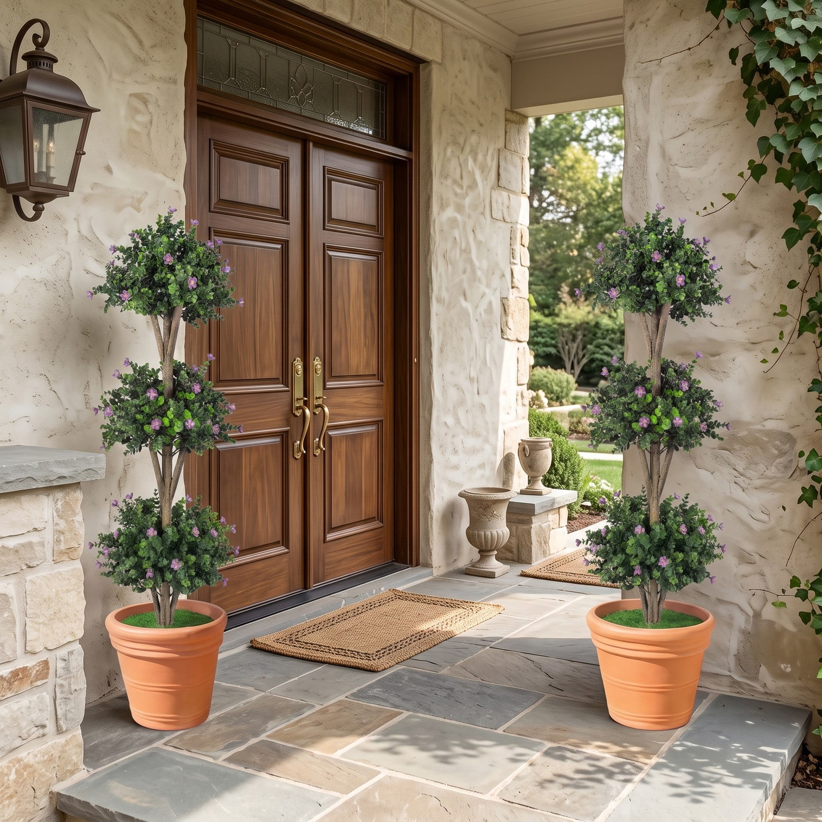 Fenbeli 51 Inch Artificial Triple Ball Boxwood Topiary Tree with 59 Purple Blossoms, Faux Potted Boxwood Plant with Cement-Filled Pot for Indoor Outdoor Porch, Purple