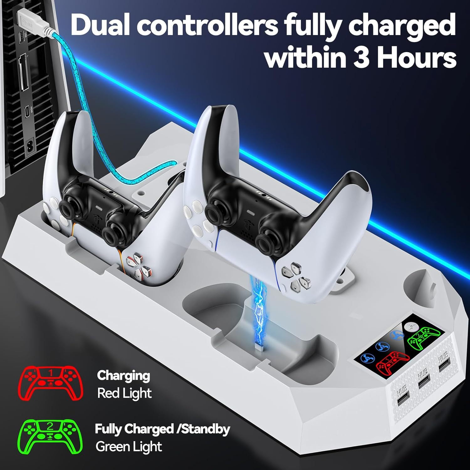 PS5 Cooling Stand with Turbo Fan - 2 USB Ports, Headset Holder & Remote Slot - Fits PS5 Slim/Disc/Digital (2023/2020) - 3-Speed Cooling Docking Station