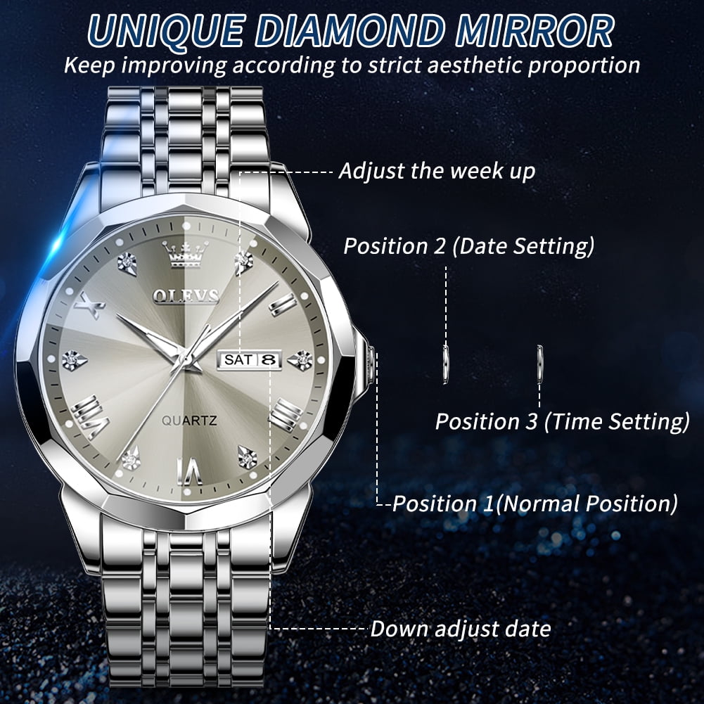 OLEVS Watches For Men Business Dress Diamond Analog Quartz Date Luxury Classic Casual Stainless Steel Waterproof Luminous Mens Wrist Watches Gifts