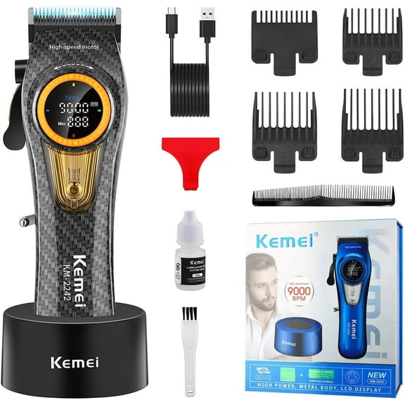 KEMEI 2242 Professional Hair Clippers for Men, Electric Cordless Hair Cutting Machine Barber Clippers, DLC Blades, 5000-9000 RPM Turbo Motor, USB Rechargeable Up to 220 Min Usage with LED Display