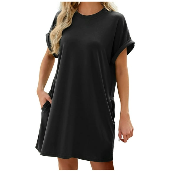Pisexur Women's Casual Cotton Dress Solid Color Tee Shirt Dress Short Sleeve Crew Neck Straight Short Dress with Pockets