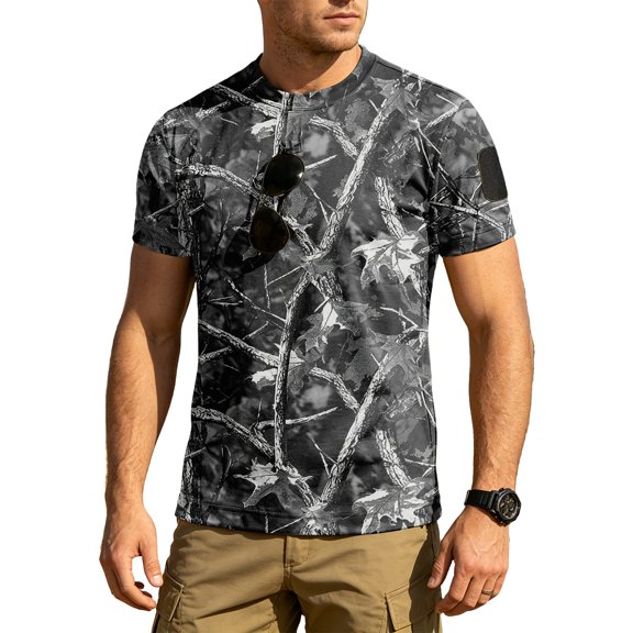 Homeyce Men's Crew Neck Camo Shirts Short Sleeve Button Camo Shirt Vintage Lightweight Camouflage T-Shirt Crew Neck Top Pullover,Gray 2XL