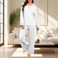thumbnail image 6 of Cotton Pajamas Sets for Women 2 Piece Long Sleeve V Neck Top and Wide Leg Elastic Waist PJ Bottom Soft Sleepwear (XL, White), 6 of 7