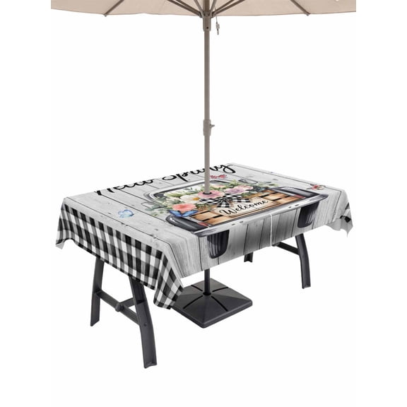 Spring Flowers Outdoor Tablecloth - 54x80 Inch Rectangle Dining Table Cover, Farmhouse Truck Black Plaid Wood Grain Waterproof Outdoor Table Cloth with Umbrella Hole & Zipper for Picnic/Patio/Party