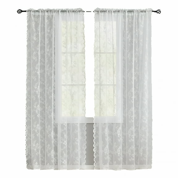 AUQ 2026 New 2 Panels Sheer Lace Curtains for Bedroom White Elegant Victorian Curtains Scalloped Edges Floral Kitchen Window Curtains 71 Inch Length Rod Pocket Sheer White Curtains,57*71"