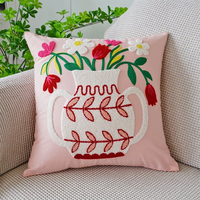 Funda de almohada con diseño de tulipán verde fresco y sencillo con flores bordadas para sofá, cama, almohada de cintura para oficina