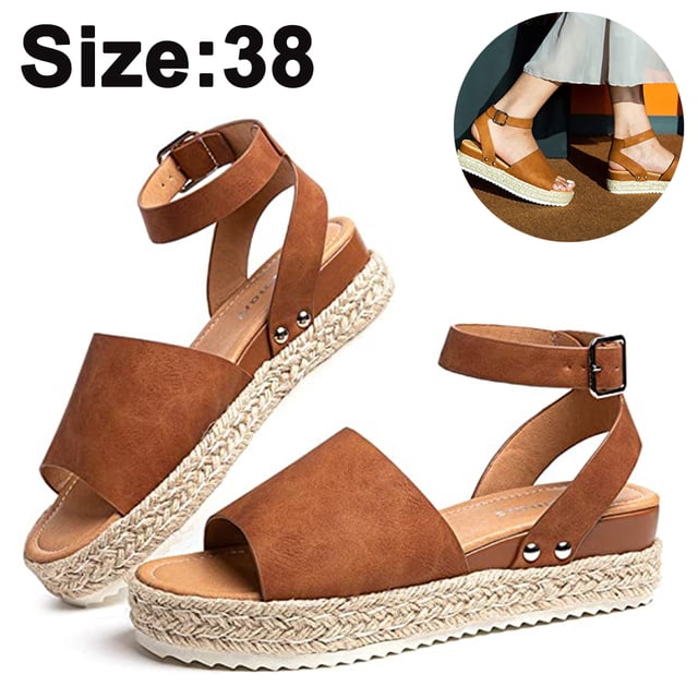 Womens Open Toe Ankle Strap Platform Wedge Shoes Casual Espadrilles Trim Flatform Studded Wedge Sandals