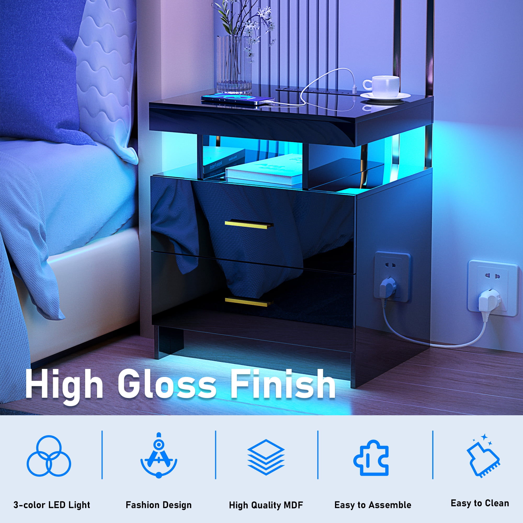 Dalattin LED Night Stand with Charger Station Type C USB Port, End Bedside Table for Bedroom, Black