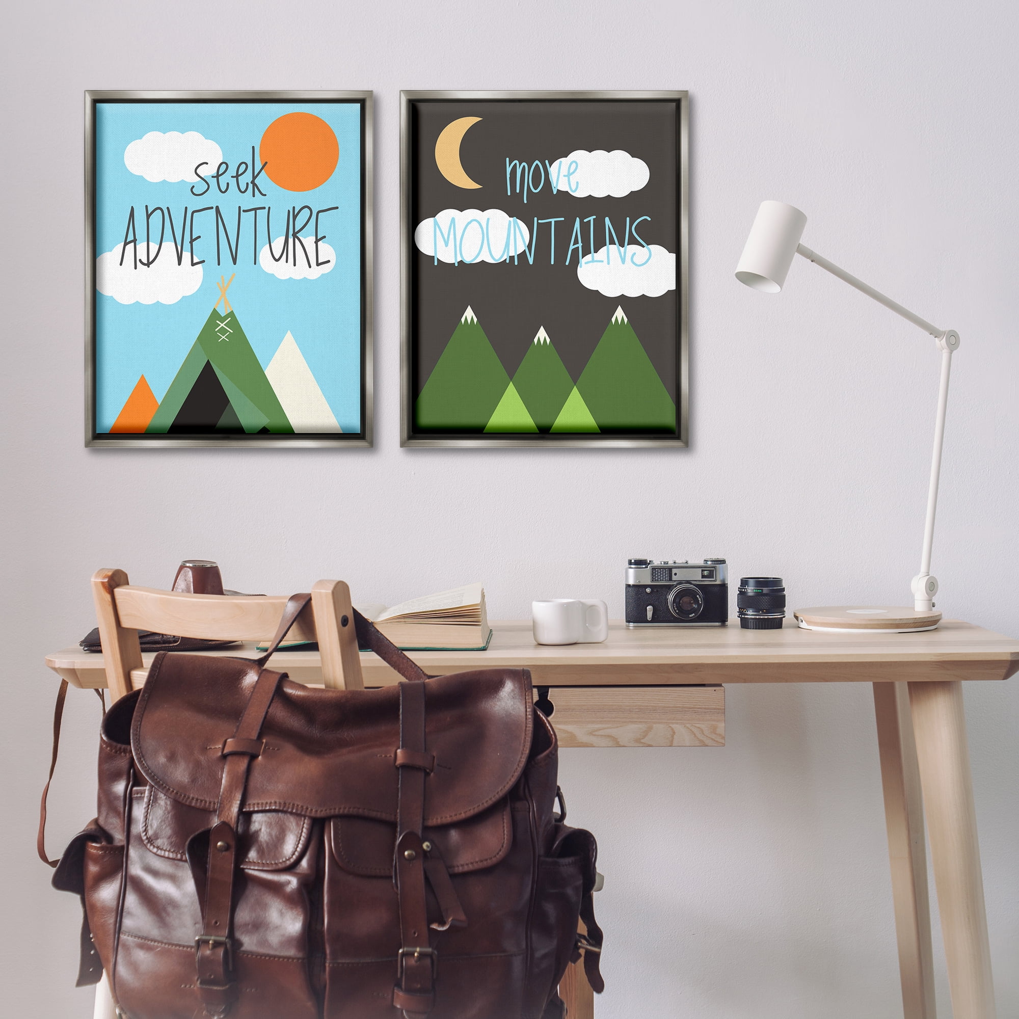 Stupell Industries Seek Adventure Move Mountains Text & Numbers Painting Gray Floater Framed Canvas Art Print Wall Art, 31 x 25, Set of 2