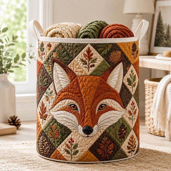 Quilted Styleed Woodland Fox Storage Basket, Rustic Autumn Laundry Bin, Fox Wild Animal Lovers Quilted Style Rustic Storage Bins