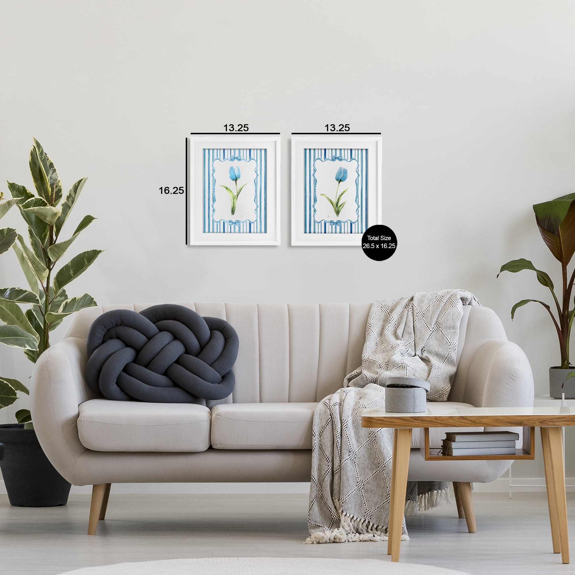 Stupell Industries Blue Tulips with Feminine Ribbon 2 Piece White Framed Print Under Glass Set, design by Nan