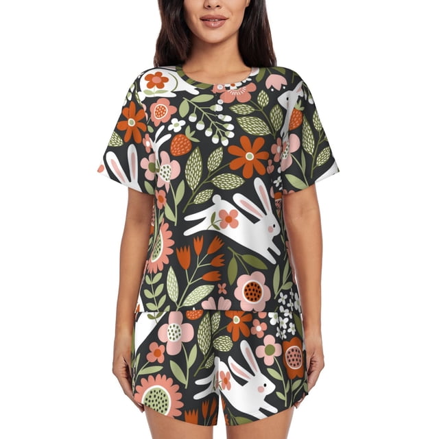 Balery Rabbits on Floral Conjunto de Pijama para Mujer con Estampado, Dos Piezas de Manga Corta y Shorts, Ropa de Dormir Suave con Cuello Redondo y Bolsillos-XX-Large