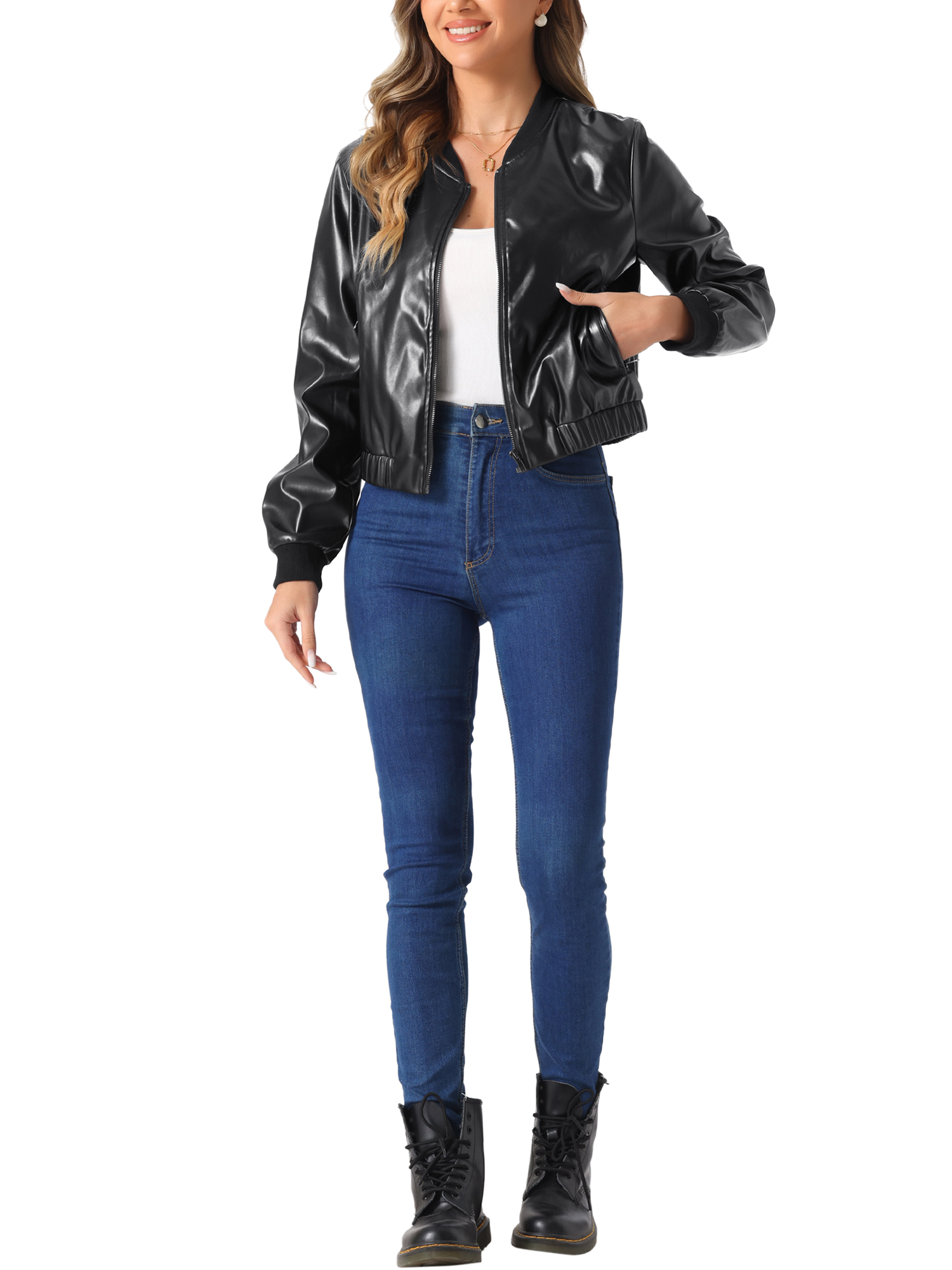 INSPIRE CHIC Faux Leather Bomber Jacket for Women's Moto Bike Zip Up PU Cropped Coat