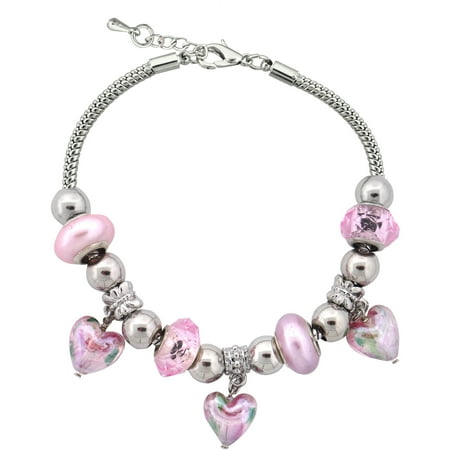Silvertone Pink Heart Charm and Glass Beads Bracelet with Extender, 7.5