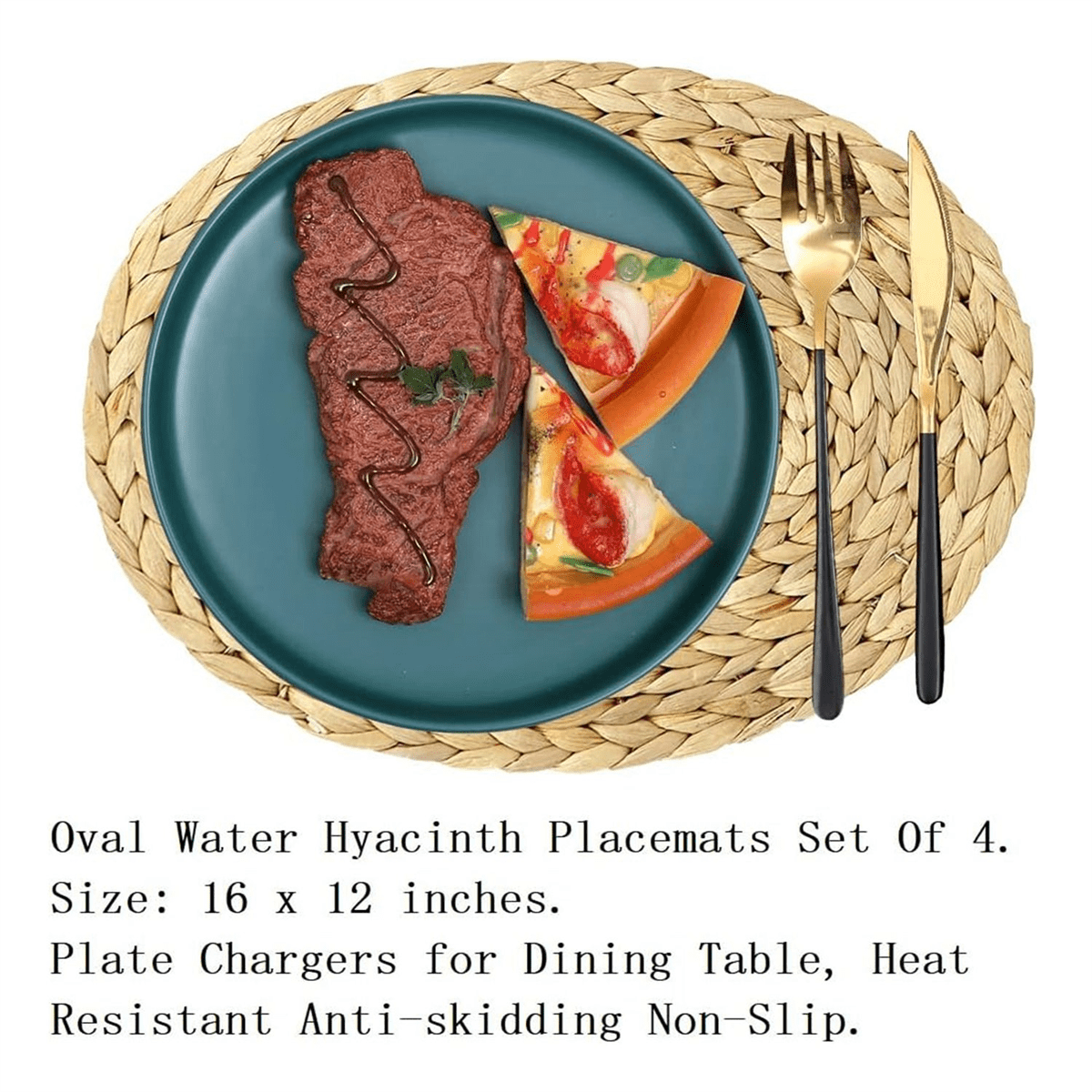 Oval Woven Placemats, Natural Water Hyacinth Placemats , Straw Braided Rattan Placemats, 12X16 Inches 4Pack,4 x Placemats,Brown