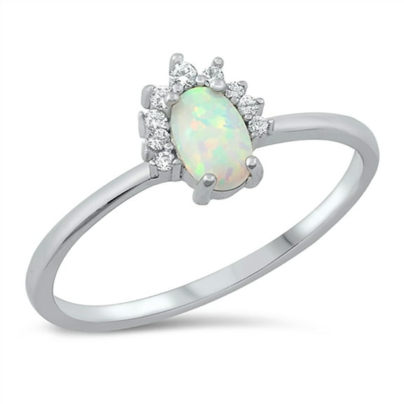 Oval White Simulated Opal Cubic Zirconia Half Cluster Ring Sterling Silver Size 8