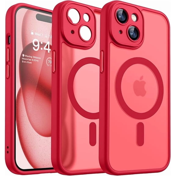 Magnetic Case for iPhone 15, Translucent Matte Shockproof Cover - Red