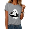 thumbnail image 2 of COMVALUE Ghost Cat Mug Illustration Wear T Shirt, Cute Cartoon Ghost Cat Graphic Shirt, Trick Treat Party Tee (Grey, S), 2 of 9