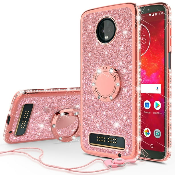Case for Moto Z3 Play Glitter Phone Case Ring Stand Bling Sparkle Cute