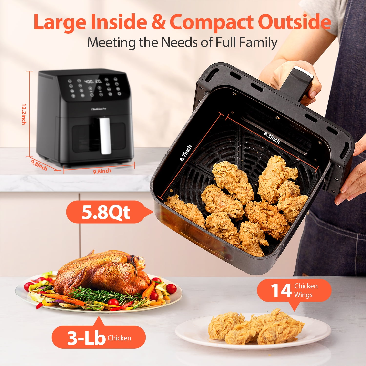 Aeitto 5.8QT Large Air Fryer, 12-in-1 Digital Airfryer with Clear Window, 40+ Recipes, Flavor-Lock Tech, Shake Reminder, Compact, Quiet, Dishwasher Safe, Nonstick, Fit for Family of 2-5, Black