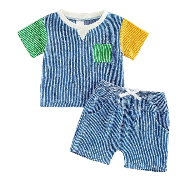 Splozh Newborn Boy Outfits Cute and Casual Boys' Short Sleeve and Short Pants Set Patchwork Summer Spring Clothes Blue,2-3 Years