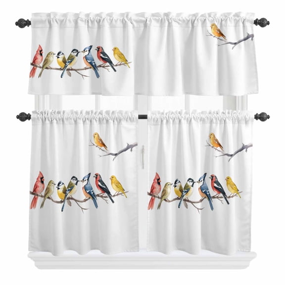 3 Piece Kitchen Curtains and Valances Set Birds Cafe Curtains 24 Inch Length Bird Vintage Watercolor Valance & Tier Curtain for Living Room Bedroom Small Window 54"x18" 27"x24"*2