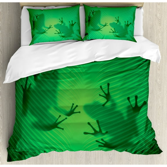 Animal Duvet Cover Set, Frog Shadow Silhouette on the Banana Tree Leaf in Tropical Lands Jungle Games Graphic, Decorative 3 Piece Bedding Set with 2 Pillow Shams, Calking Size, Green, by Ambesonne