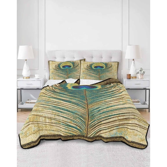 Quilts Twin XL Size, Retro Peacock Feathers Soft Comforter Bedding Set for Bed, Vintage Abstract Art Lightweight Quilted Bedspread with Pillow Cover(2 Pieces) for All Season, 68x98 Inch
