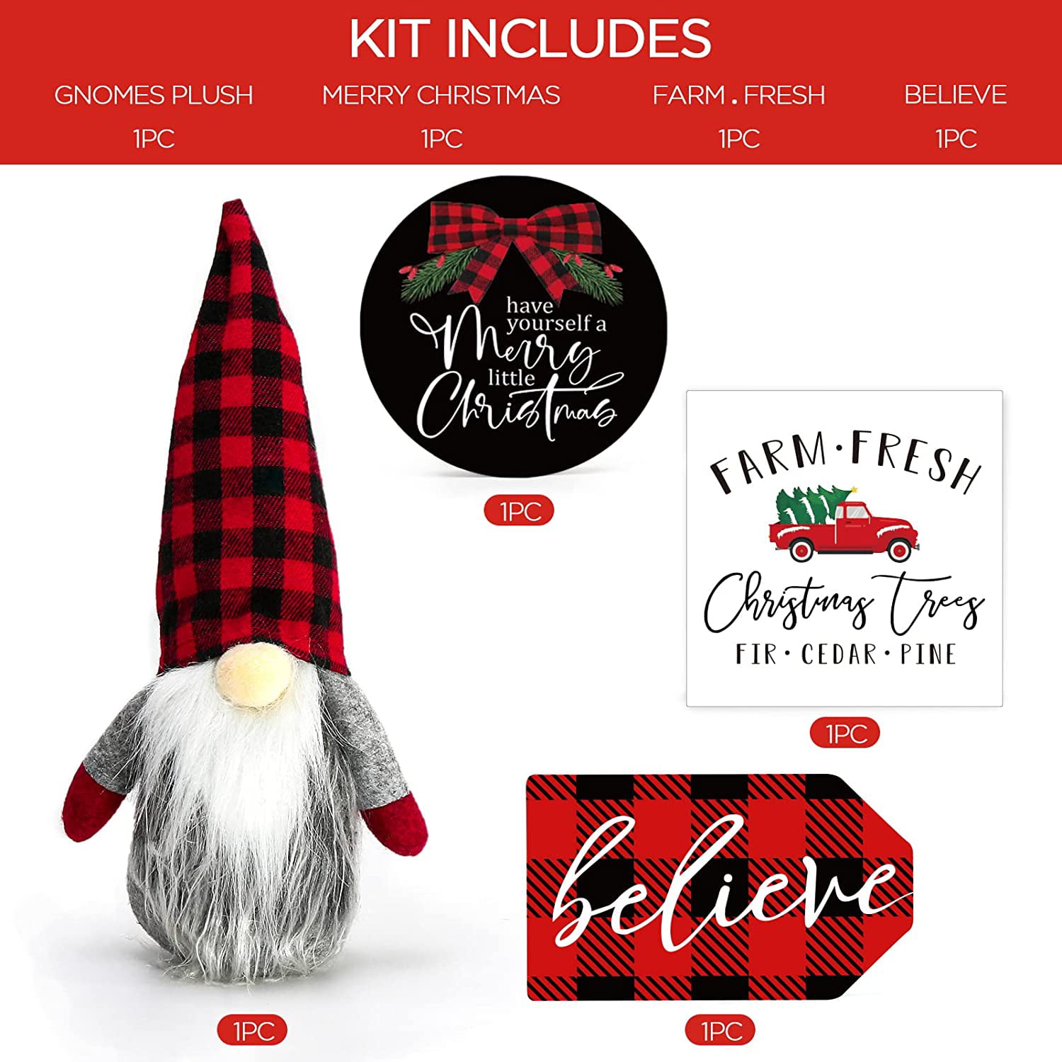 Believe Merry Christmas Wooden Signs & Buffalo Plaid Gnomes Plush Set Farmhouse Rustic Tiered Tray Country Decor Farm Fresh Christmas Decorations Indoor for Home Room Table Mantle Fireplace A