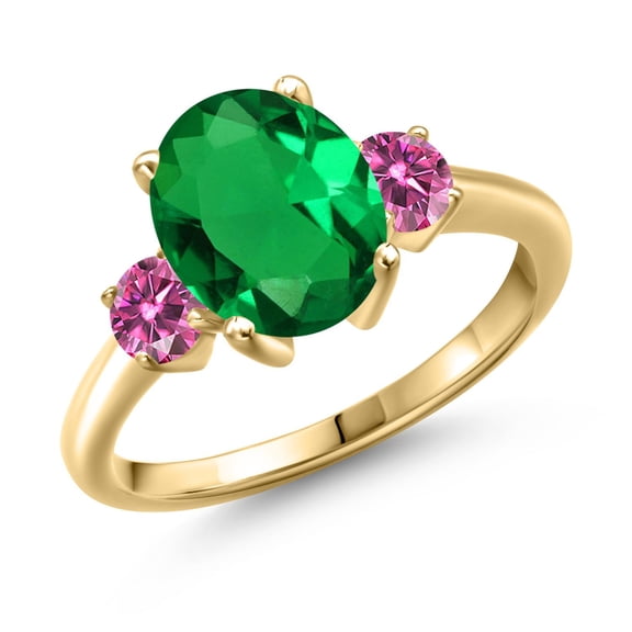 Gem Stone King 18K Yellow Gold Plated Silver Ring Oval Green Nano Emerald and Vivid Pink Moissanite (2.46 Cttw, Size 6)