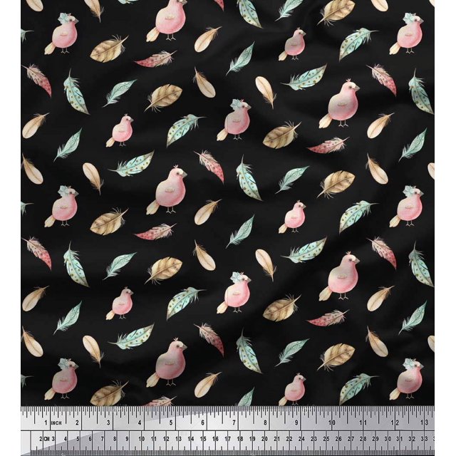 Soimoi Black Rayon Crepe Fabric Bird & Feather Decor Fabric Printed Yard 46 Inch Wide