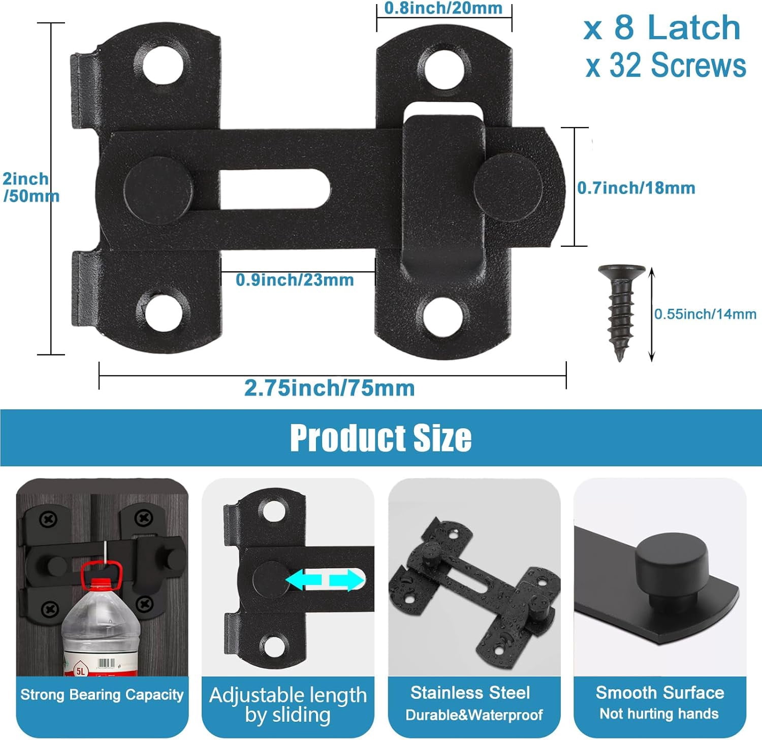 ABCISI 8 Pack Barn Door Latch Lock, 2.75" x 2" Stainless Steel Flip Door Latches Hardware Sliding Cabinet Barn Door Latch Antique Lock Gate Latches Wine Cabinet Closet Door Latches (Matte Black)