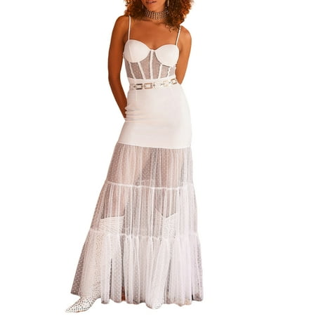 

Coduop Women Sleeveless Sheer Mesh Cami Dress Ruffle Patchwork Long Corset Dresses Party Clubwear