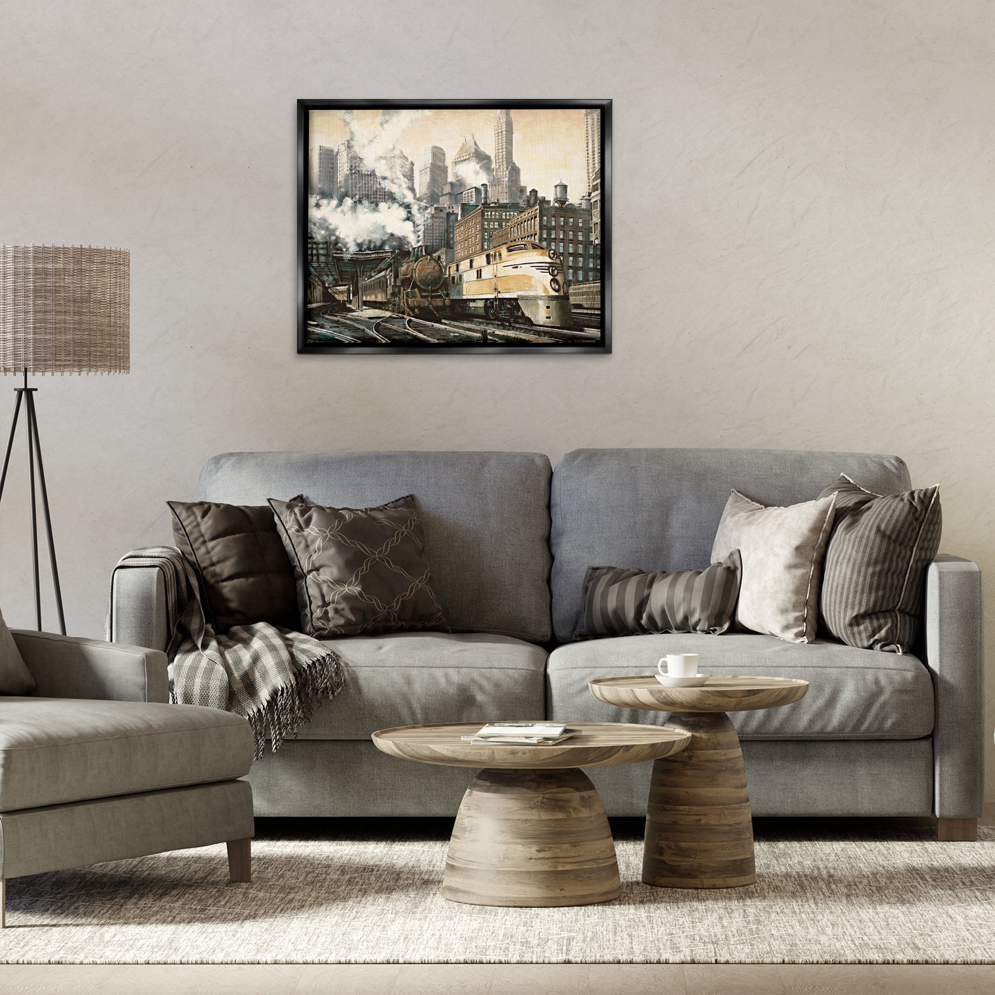 Stupell Industries Urban Steam Train Scenery Painting Black Floater Framed Art Print Wall Art, 31 x 25