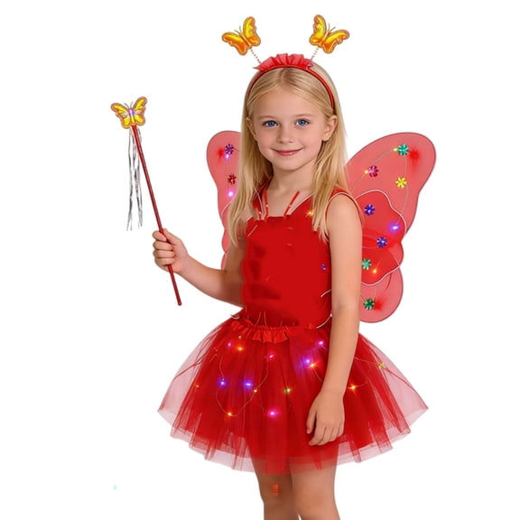 Xijirk Girls Outfits Dress Up Set Glowing Fairy with Light Up Wand and Floral Accessories Four Piece Play Outfit for Imaginative Role Play and Fantasy Themed Fun,Red,3-10 Years