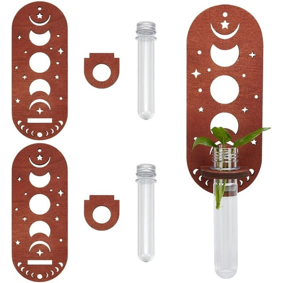 2 Set Wooden Moon Phase Design Hanging Plant Propagation Stations Plant Holder Decorative Glass Terrarium Test Tube Propogation Vase for Home Office Decor Garden Plant Supports