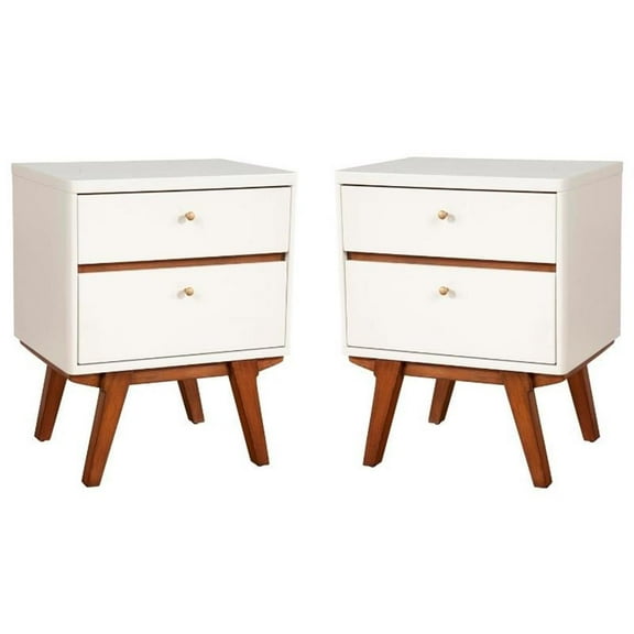 Home Square Two Drawer Wood Nightstand in White Finish - Set of 2