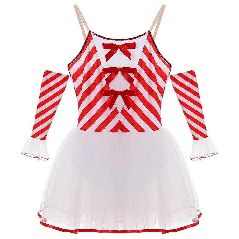 YONGHS Womens Candy Cane Leotard Tutu Dress with Gloves Christmas Holiday Party Elf Outfits Red M