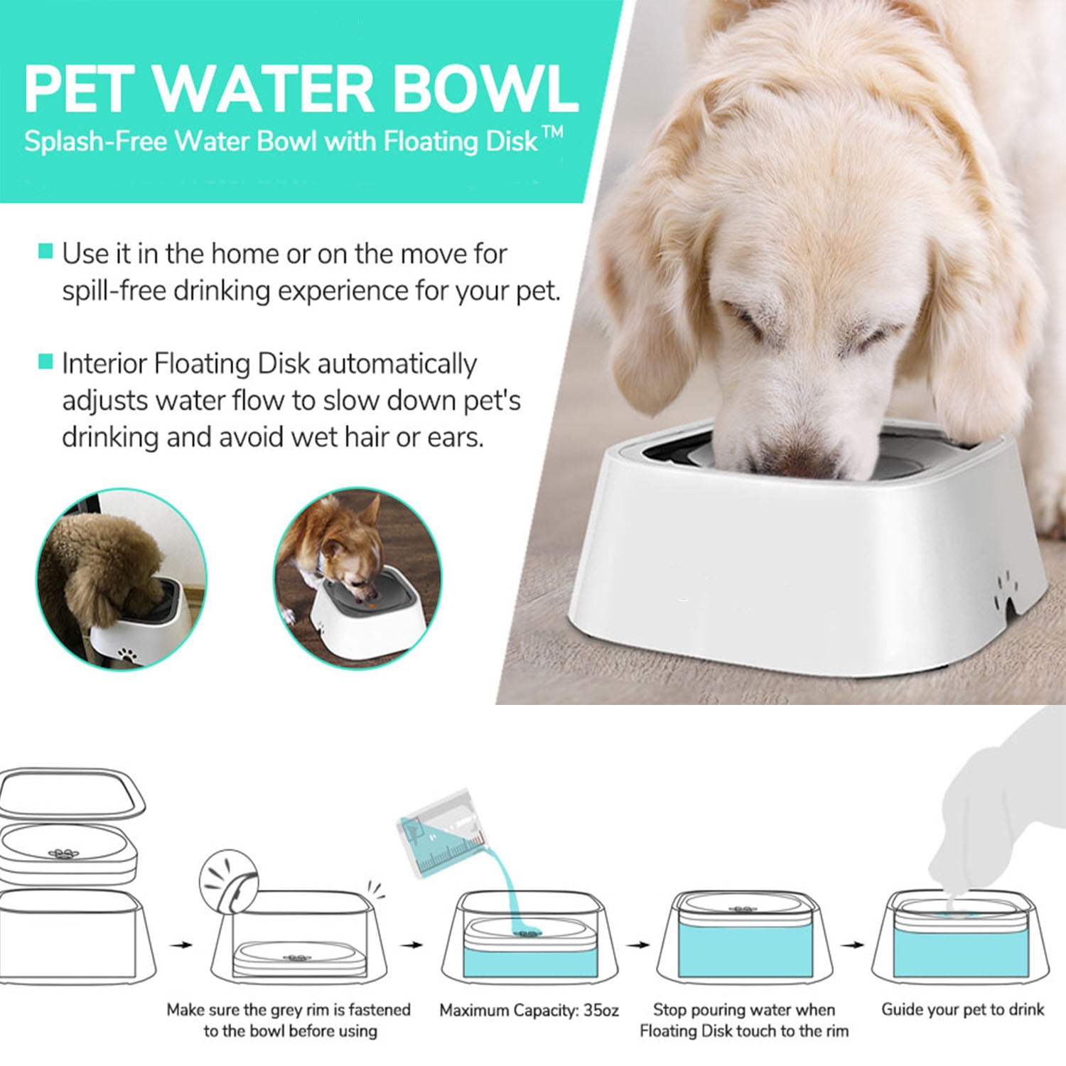 Gery 1L Splash Proof Anti Spill Slow Feeder Dish Vehicle Carried Dog Water Bowl for Dogs/Cats/Pets QUXIANG Dog Water Bowl Dog Bowl Slow Water Feeder No-Spill Pet Water Bowl 35oz 
