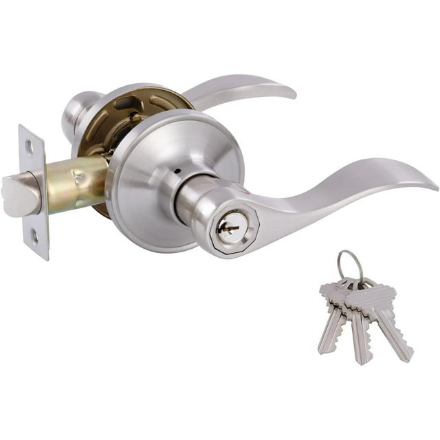 Door Levers Interior Keyed Difference Entry Front/Bedroom Wave Style Door Handles for Left and Right Opened Door with Lock and Keys Set in Satin Nickel