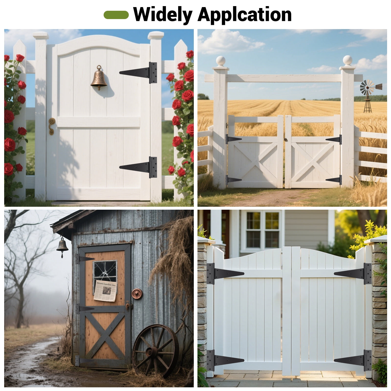WellMade 4 Pack Heavy Duty Gate Hinges，10 In Decorative Black Hinge Wood Fence with Screws for Barn Doors, Storage Bins, and Tool Boxes