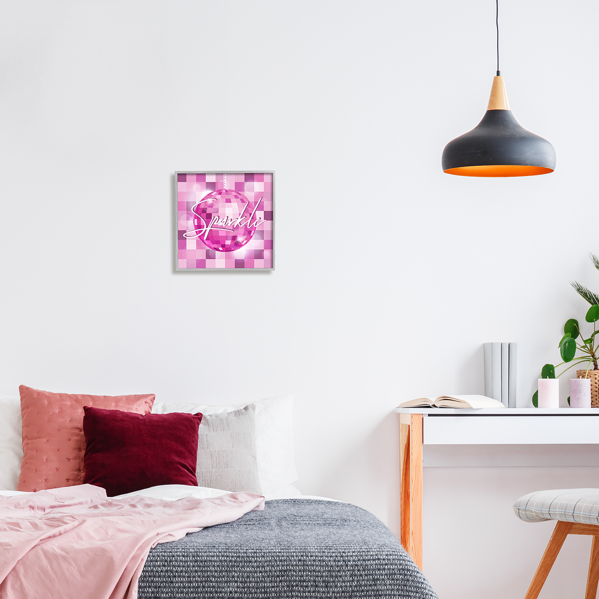 Stupell Industries Sparkle Pink Disco Ball Pattern Beauty & Fashion Painting Gray Framed Art Print Wall Art