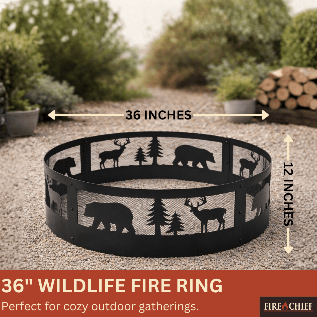 Fire Chief 36 Inch Fire Pit Ring – Heavy Duty Wood Burning Fire Ring Insert with Decorative Wildlife Design – Outdoor Steel Campfire Bonfire Pit Insert for Backyard Patio Camping