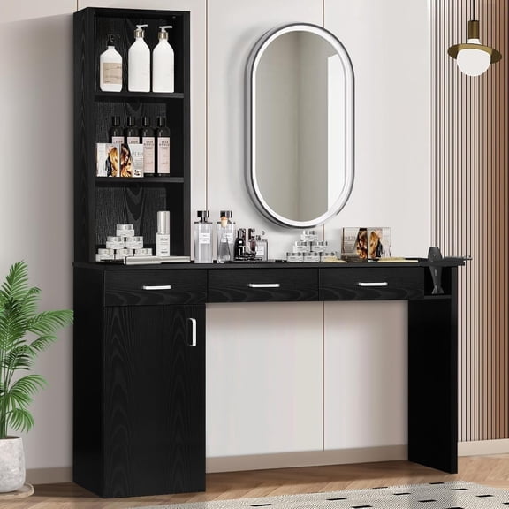 DreamCurship Wall Mount Styling Station for Hair Stylist, Salon Barber Stations with 3-Tier Storage Shelf with Door, Black